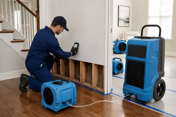 Technician checking moisture behind removed drywall with air movers and a dehumidifier after a flood in Franklin, TN