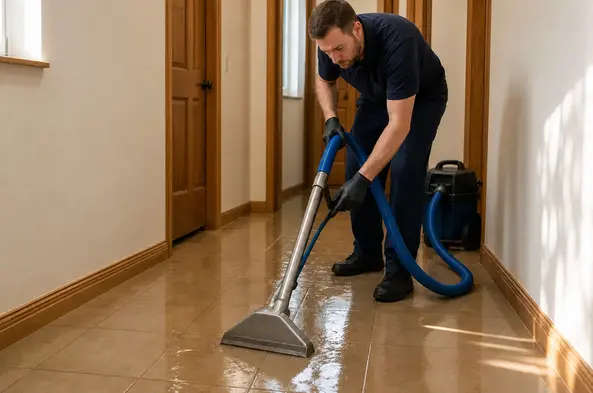Technician extracting water from a tiled hallway floor in Franklin, TN