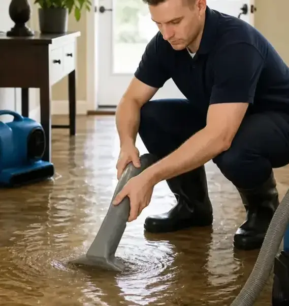 Technician removing standing water from a floor with an extraction wand in Franklin, TN