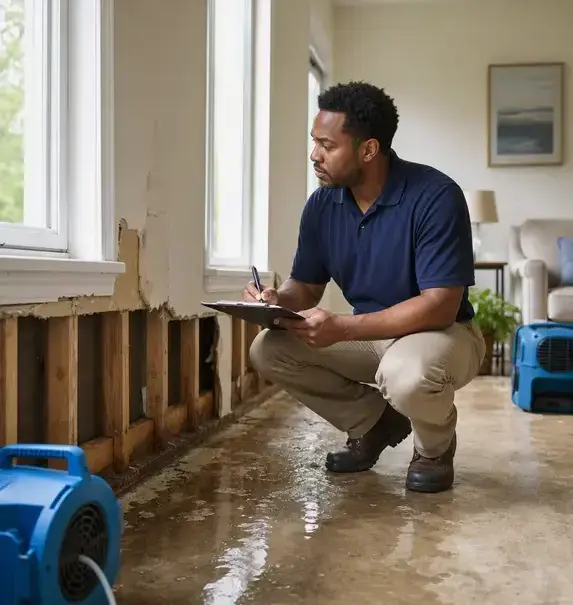 Technician documenting water damage on a clipboard to support an insurance claim in Franklin, TN