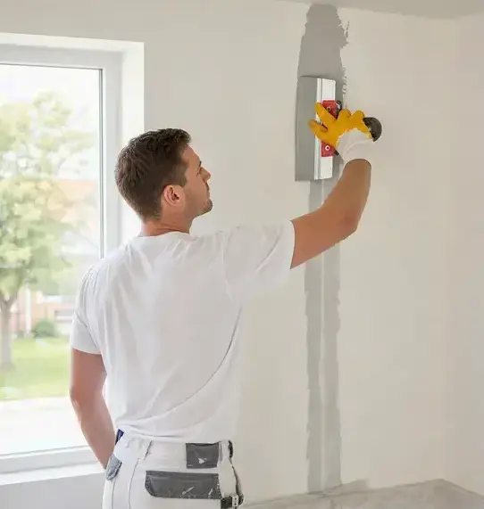 Worker taping and finishing a repaired drywall seam after water damage in Franklin, TN
