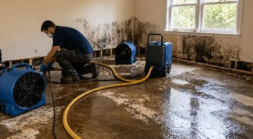 Technician drying an emptied, water-damaged room after its contents were packed out in Franklin, TN