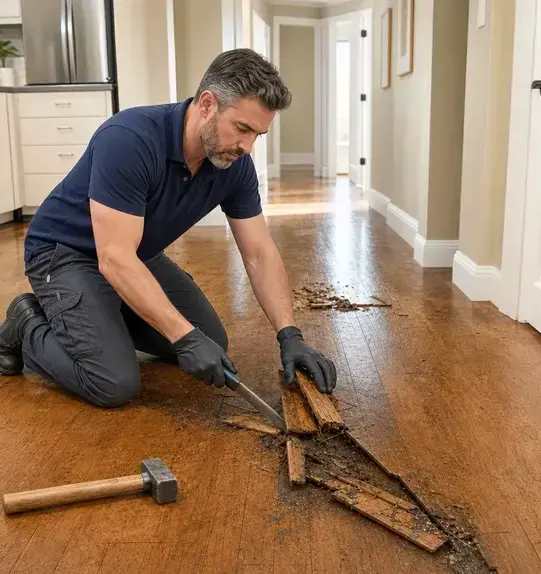 Technician prying up water-damaged hardwood floorboards in Franklin, TN