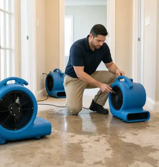 Technician setting up air movers on a wet hallway floor after a burst pipe in Franklin, TN