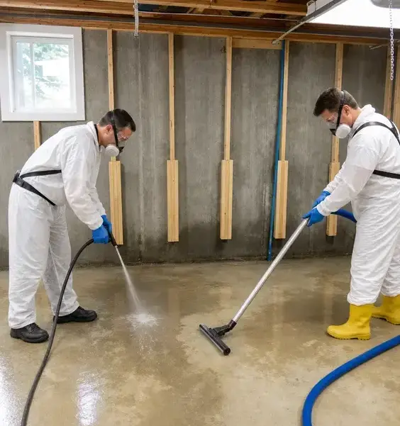 Workers in protective suits and respirators cleaning a basement floor after a sewage backup in Franklin, TN