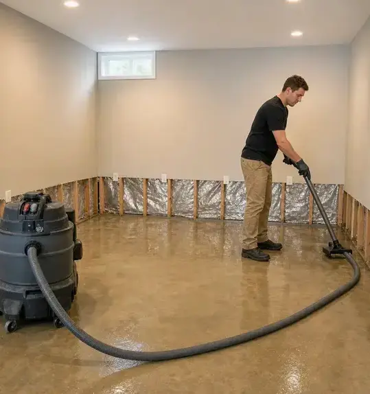 Technician vacuuming floodwater from a basement floor with cut-back walls during flood damage restoration in Franklin, TN