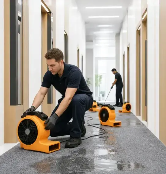 Technician placing air movers to dry a water-damaged carpeted hallway in Franklin, TN