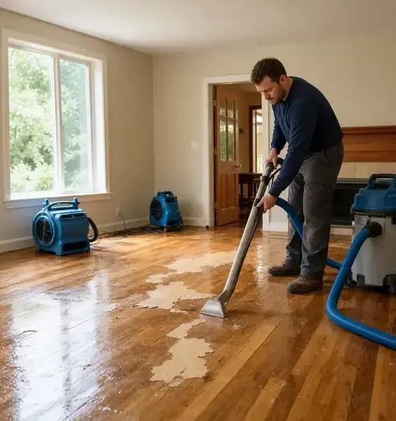 Technician extracting water from a hardwood floor as air movers dry the room during water mitigation in Franklin, TN