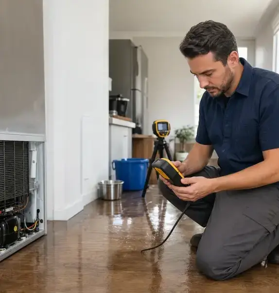 Technician checking moisture on a wet kitchen floor beside a leaking appliance in Franklin, TN