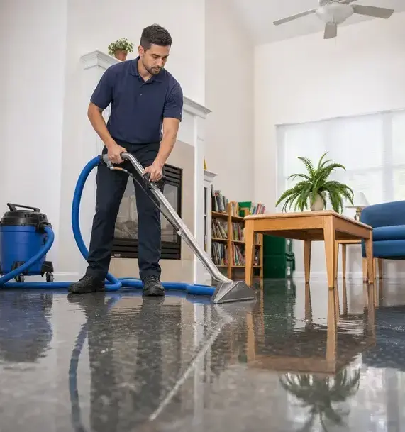 Technician extracting standing water from a living room floor during emergency water damage cleanup in Franklin, TN