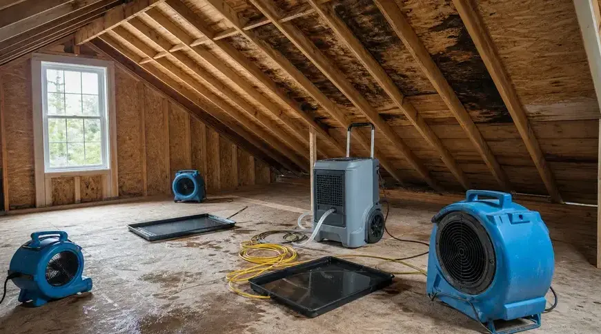 Dehumidifier and air movers drying an attic with water-stained roof sheathing in Franklin, TN