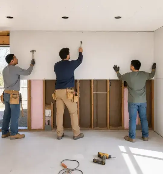 Crew hanging new drywall over opened wall framing during water damage repair in Franklin, TN