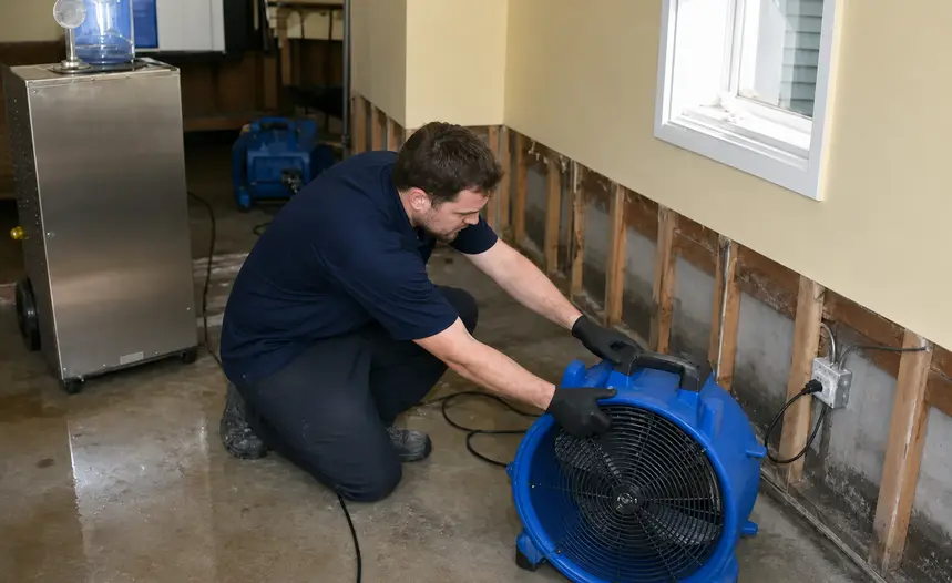Technician positioning an air mover beside cut-back drywall to dry a flooded room in Franklin, TN