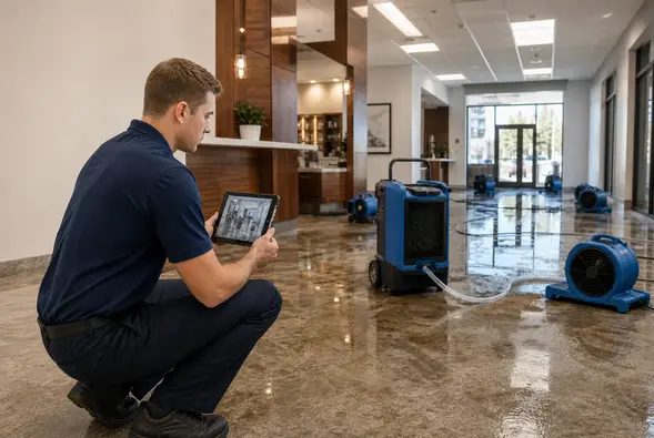 Technician reviewing moisture readings beside a dehumidifier and air movers in a flooded lobby in Franklin, TN